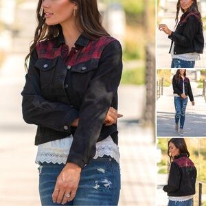 Maurices KanCan Denim Cropped Trucker Jacket Buffalo Plaid Black/Red 100…